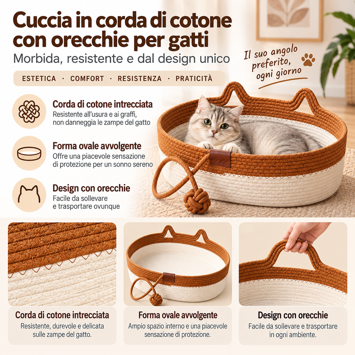 Cuccia Tiragraffi per Gatti in Corda di Cotone – Riposo e Graffiatura – immagine prodotto 5