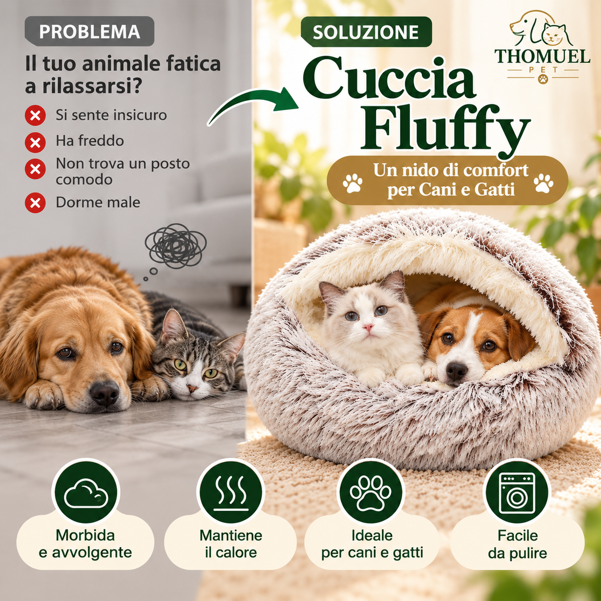 Cuccia Fluffy per Cani e Gatti con Coperta – Morbida e Accogliente | THOMUEL PET