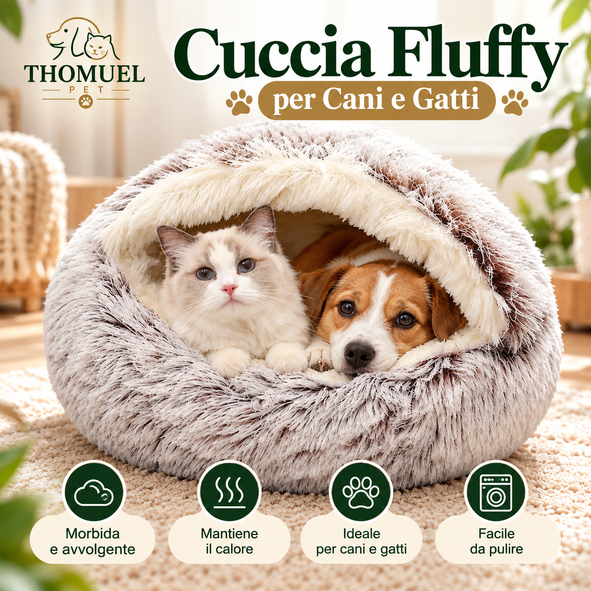 Cuccia Fluffy per Cani e Gatti con Coperta – Morbida e Accogliente | THOMUEL PET