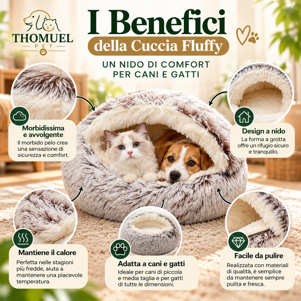 Cuccia Fluffy per Cani e Gatti con Coperta – Morbida e Accogliente | THOMUEL PET