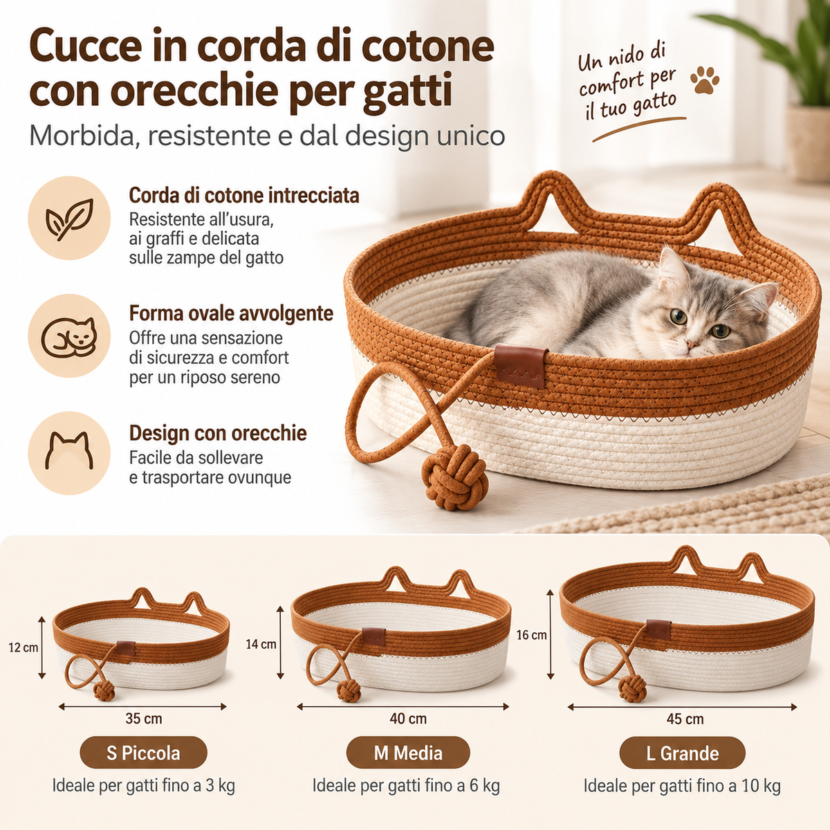 Cuccia Tiragraffi per Gatti in Corda di Cotone – Riposo e Graffiatura – immagine prodotto 2